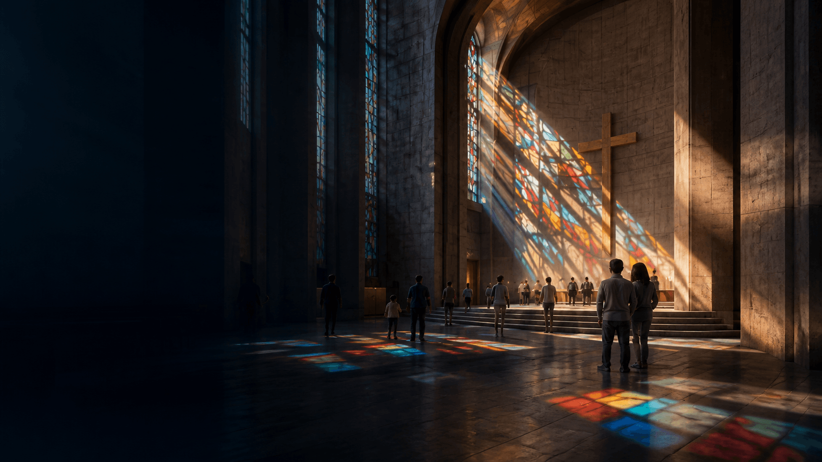 Interior de uma catedral contemporânea iluminada por vitrais coloridos.